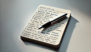 The image shows a notebook with a pen lying on it, placed on a table under natural light. The notebook is open to a page with handwritten notes titled "Qualitative Data Analysis," listing several points about data analysis strategies and methods. The handwriting is slightly slanted and the page is nearly filled with dense, organized text. The lighting casts a soft shadow to the side, adding depth to the composition.