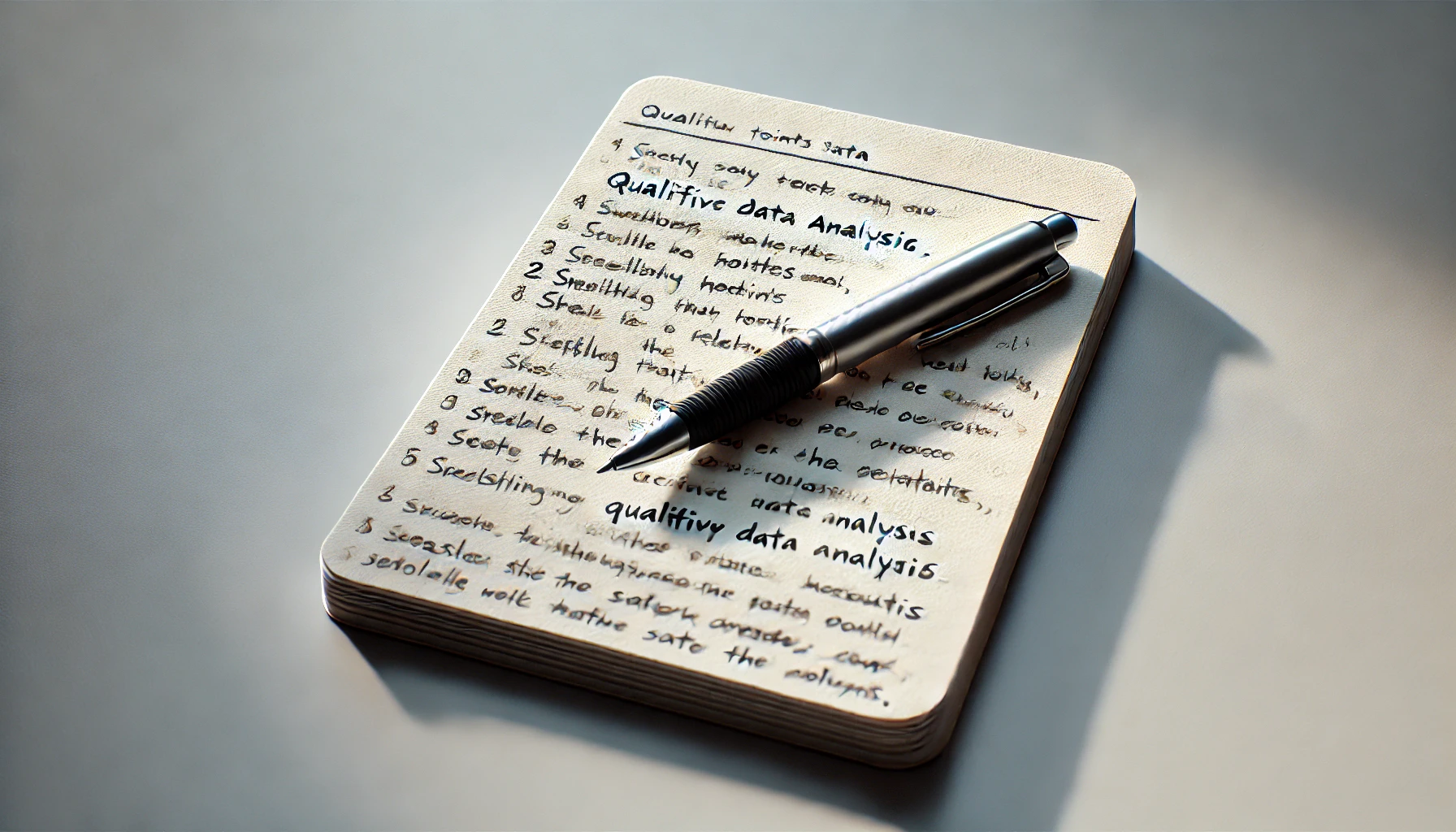 The image shows a notebook with a pen lying on it, placed on a table under natural light. The notebook is open to a page with handwritten notes titled "Qualitative Data Analysis," listing several points about data analysis strategies and methods. The handwriting is slightly slanted and the page is nearly filled with dense, organized text. The lighting casts a soft shadow to the side, adding depth to the composition.