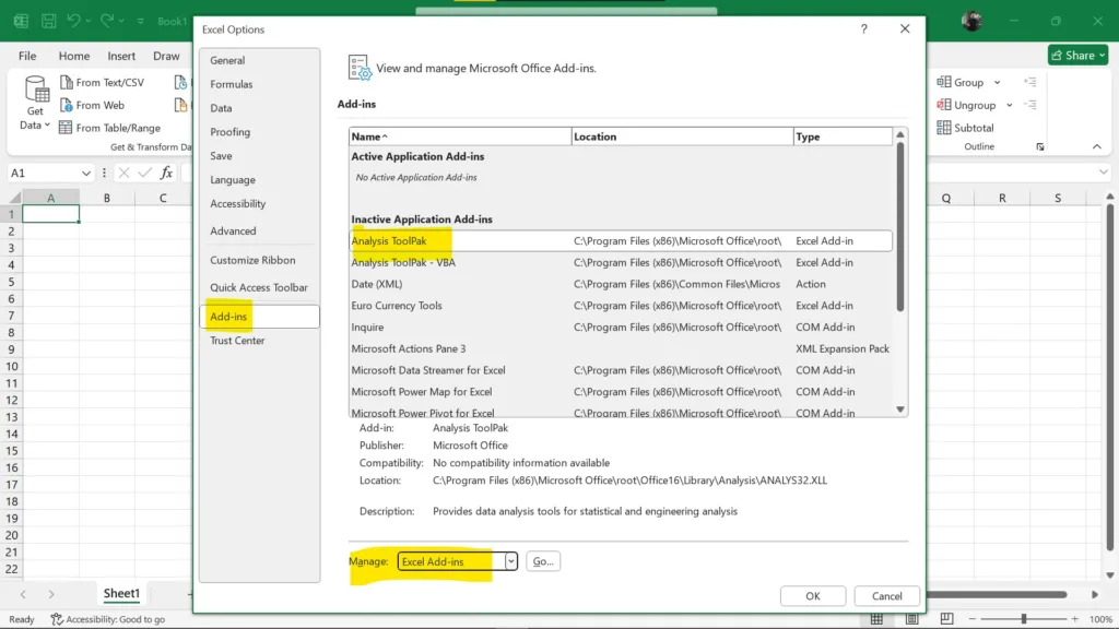 how to add data analysis in excel on windows step 3