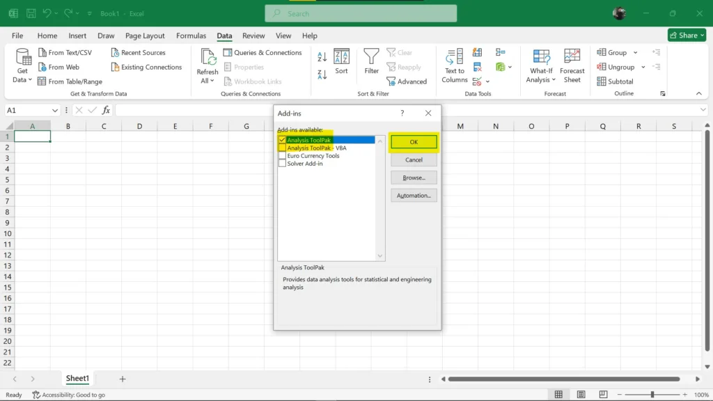 how to add data analysis in excel on windows step 4