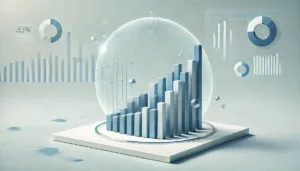 Minimalist 3D-rendered bar chart in blue tones with subtle grid lines and additional data visualizations in the background, representing quantitative data on a clean, light background.